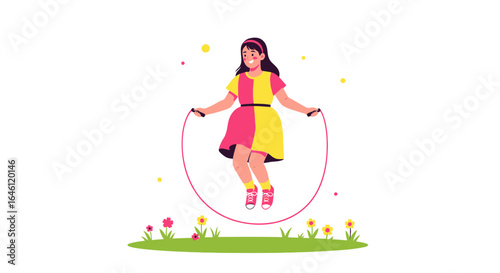 Girl having fun jumping rope outdoors in a spring scenery, cheerful and playful activity depiction of a girl enjoying a healthy lifestyle