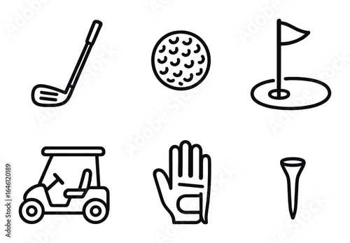 Golf equipment icons: club, ball, hole, cart, glove, tee