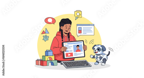 Girl interacting with a tablet and robot dog embodying modern childhood learning and play