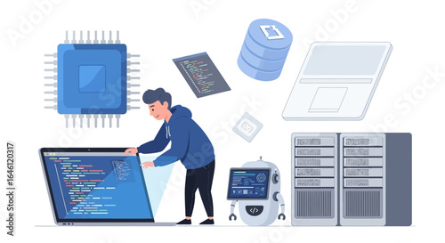 Illustration depicting a software developer working on code and managing server infrastructure with modern technology elements