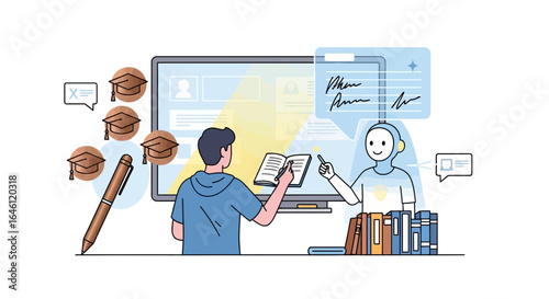 Illustration depicting a student learning with the assistance of an AI robot tutor on a computer screen