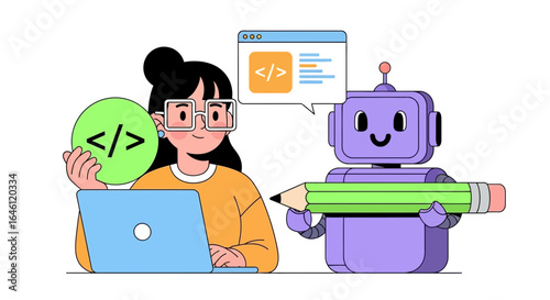 Illustration depicting a woman coder working alongside a robot, symbolizing collaboration and technological progress in software development