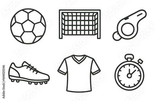 Soccer equipment illustrations including ball, cleats, goal, stopwatch, whistle, and jersey