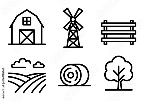 Farm icons: windmill, barn, fence, tree, field, hay bale silhouettes