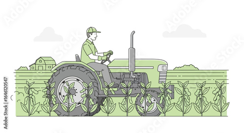 Farming illustration of a man driving a tractor in a soybean field in the countryside with barn
