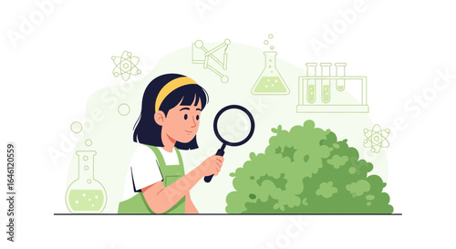 Girl Scientist Exploring Nature With Magnifying Glass And Science Equipment
