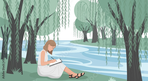 Girl Sits By River Writing Down Thoughts In Nature Under Willow Tree