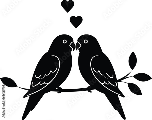 Silhouette of two lovebirds perched on a branch with heart symbols, romantic birds illustration, nature and affection concept