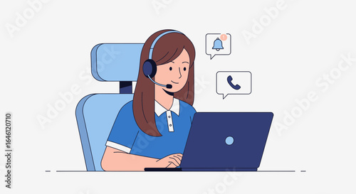 Female customer service representative with headset working on a laptop with notification icons illustration