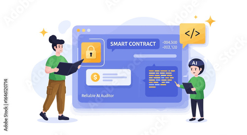 Illustration depicting AI-powered smart contract auditing for secure and transparent transactions in blockchain technology