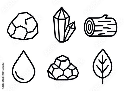 Outline icons of rock, crystal, log, water droplet, gemstones, leaf on dark background