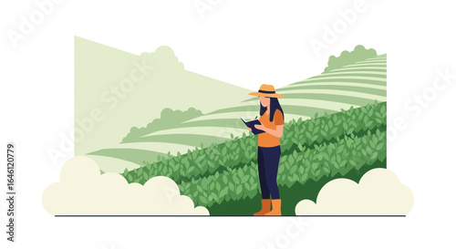 Female farmer in the field taking notes on agriculture and modern farming practices in a serene green landscape