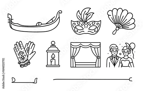 Black and white venetian carnival icons with masks and gondola elements