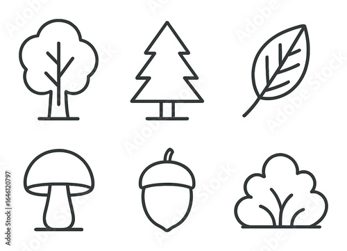 Monochrome forest icons: tree, pine, leaf, mushroom, acorn, bush design