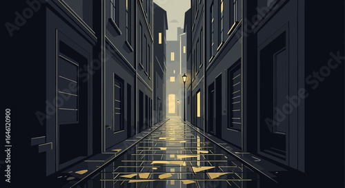 Gloomy urban alleyway illustration on a rainy day with vintage architecture and streetlights creating a nostalgic atmosphere