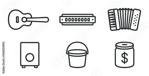 Black and white icons: guitar, harmonica, accordion, speaker, bucket, money jar