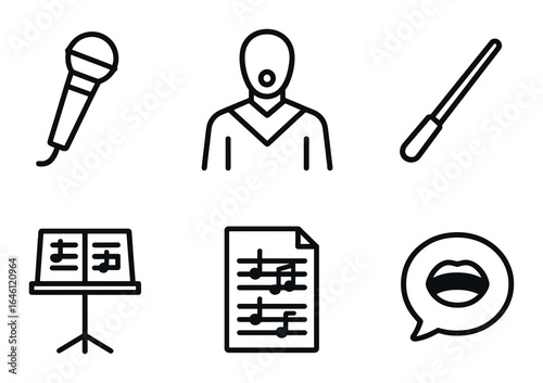 Monochrome music icon set with microphone, sheet music, and more