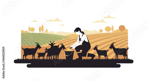 Goat farmer illustration showing farm landscape and livestock management practices silhouette style minimalist design