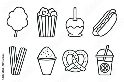 Carnival snack icons: cotton candy, popcorn, caramel apple, hot dog, churros, snow cone, pretzel, lemonade