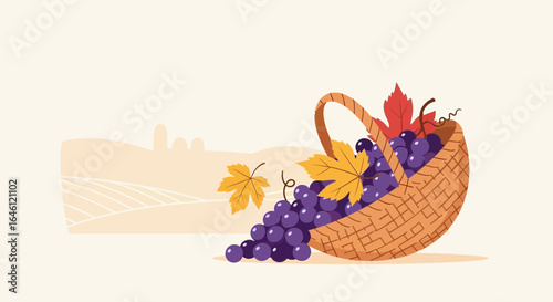 Illustration of a basket full of grapes with leaves on a background landscape vintage vector, perfect for autumn themes and harvest festivals