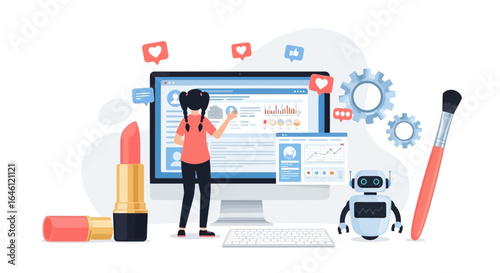 Illustration of a beauty blogger analyzing social media data for content strategy and engagement optimization