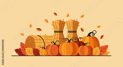 Festive autumn harvest flat lay composition of pumpkins, hay bales, and colorful leaves creating a warm fall atmosphere