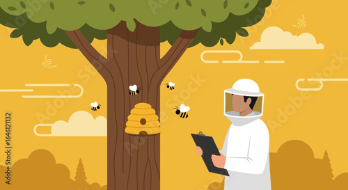 Illustration of a beekeeper inspecting a beehive on a tree in a peaceful environment