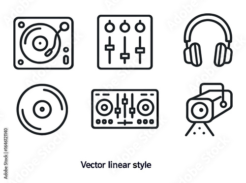 Linear style icons of dj equipment including turntable and headphones