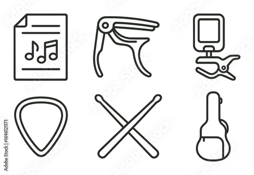 Music icons: sheet, capo, tuner, pick, drumsticks, guitar case on olive background