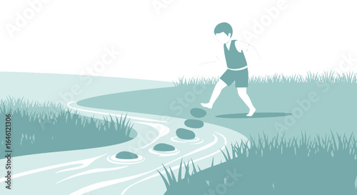 Illustration of a boy crossing a stream using stepping stones in nature scene