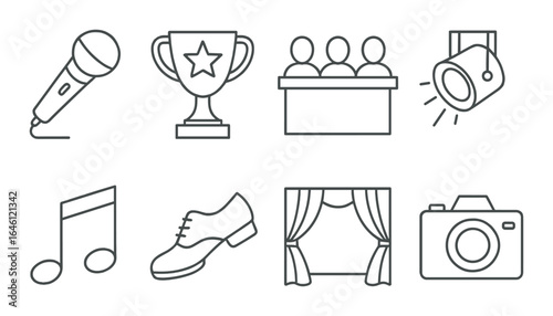 Performing arts icons: microphone, trophy, podium, spotlight, music note, shoe, curtains, camera