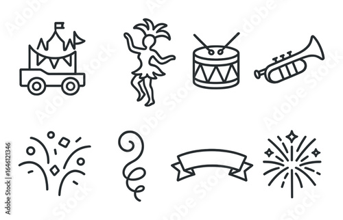 Festive carnival icons on black background featuring dancer, parade float, and musical instruments