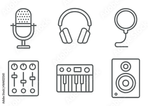 Outline of audio equipment: microphone, headphones, mixer, keyboard, speaker symbols