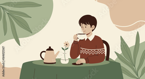 Illustration of a boy enjoying tea time in a cozy and peaceful environment