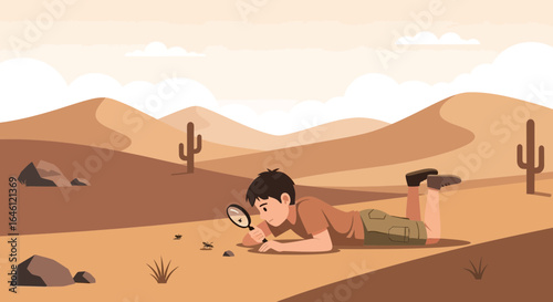 Illustration of a boy exploring a desert environment with a magnifying glass discovering nature