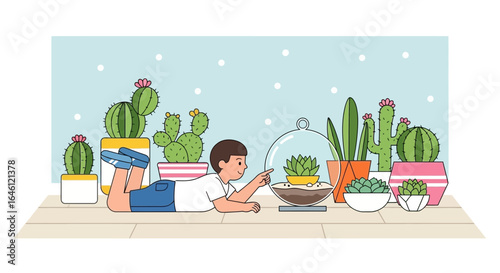 Illustration of a boy examining a terrarium surrounded by potted cacti and succulents shows indoor gardening and a love for plants