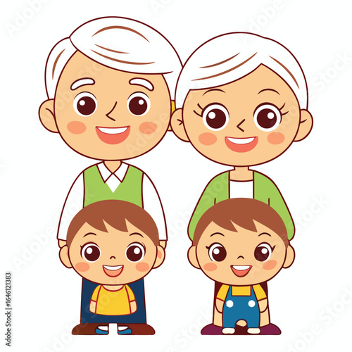 Happy family portrait of an elderly couple with their two grandsons, isolated on a white background.