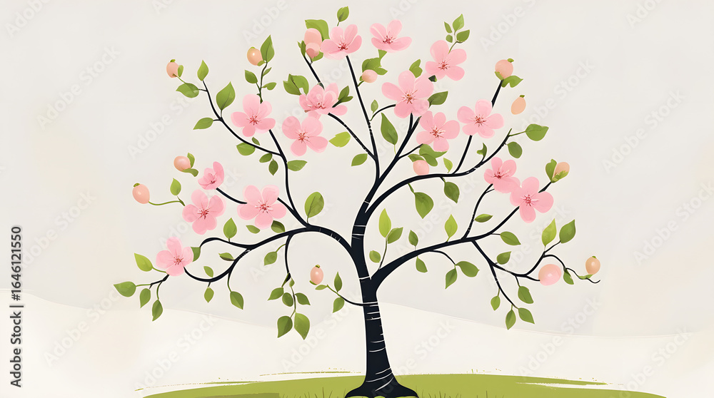 Fototapeta premium Apple Tree Clipart – Vector Illustration with Pink Blossoms and Developing Fruits, Minimal Design on White Background for Gardening and Fruit Designs