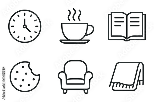 Cozy icons of clock, coffee, book, cookie, armchair, blanket on dark background