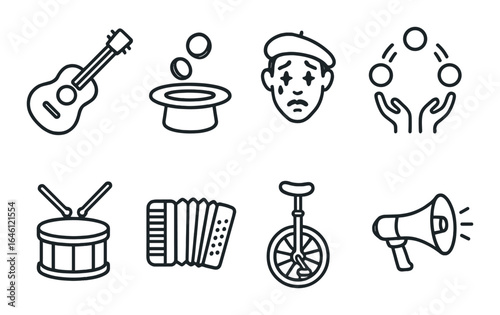 Circus elements: guitar, hat, mime, juggling, drum, accordion, unicycle, megaphone icons