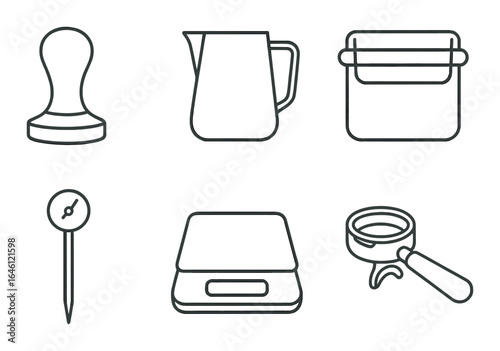 Minimalist coffee tools: tamper, pitcher, container, thermometer, scale, portafilter
