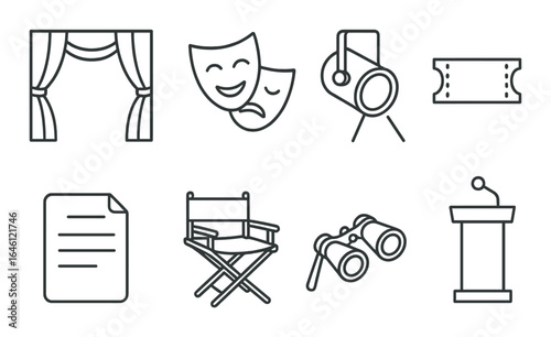 Theater icons: stage, masks, lights, tickets, scripts, chair, binoculars, podium