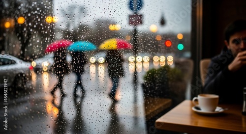Vibrant Umbrellas Through a Rain-Streaked Cafe Window