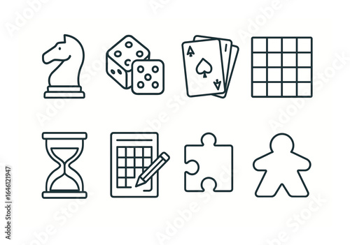 Collection of board game elements: chess, dice, cards, and puzzle icons