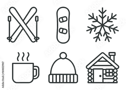 Winter icons: skis, snowboard, snowflake, hot drink, beanie, cabin