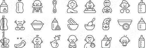 Baby care and feeding icons: baby bottles, feeding spoons, babies sleeping, pacifiers, baby food bowls, high chair, baby expressions