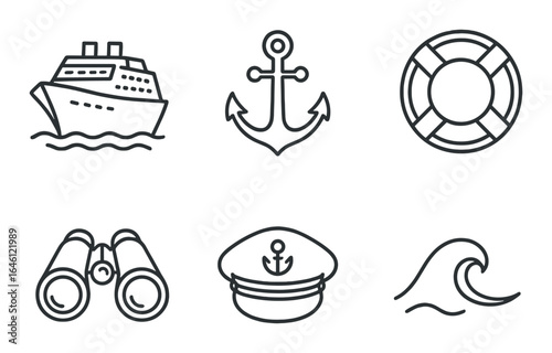 Nautical icons set: ship, anchor, lifebuoy, binoculars, captain hat, wave
