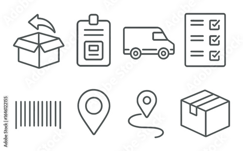 Logistics icon set: delivery truck, checklist, barcode, location, packaging