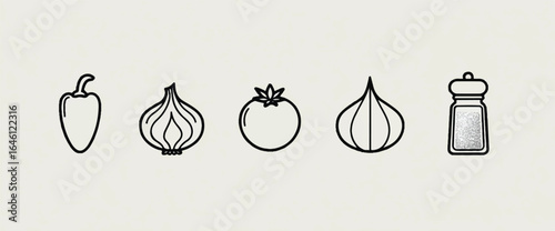 Simple Black and White Food Icons with Pepper Onion Tomato Garlic and Salt Shaker on Light Background Illustration for Culinary Projects and Recipe Designs