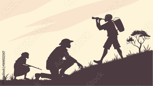 Silhouette illustration depicting three figures in different poses on a grassy hill landscape